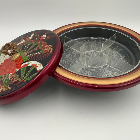 Vtg Republic of China Lazy Susan Lacquer Lidded Footed Serving Tray Fish Handle - Picture 6 of 12